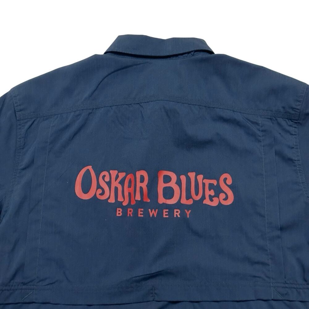 Mens CARHARTT Sz L Shirt Oskar Blues Brewery Beer Navy Blue Short Sleeve